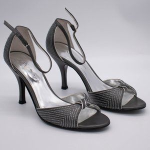 Anne Klein Aklalayna Black & Silver Open Toe Singback Leather Heels